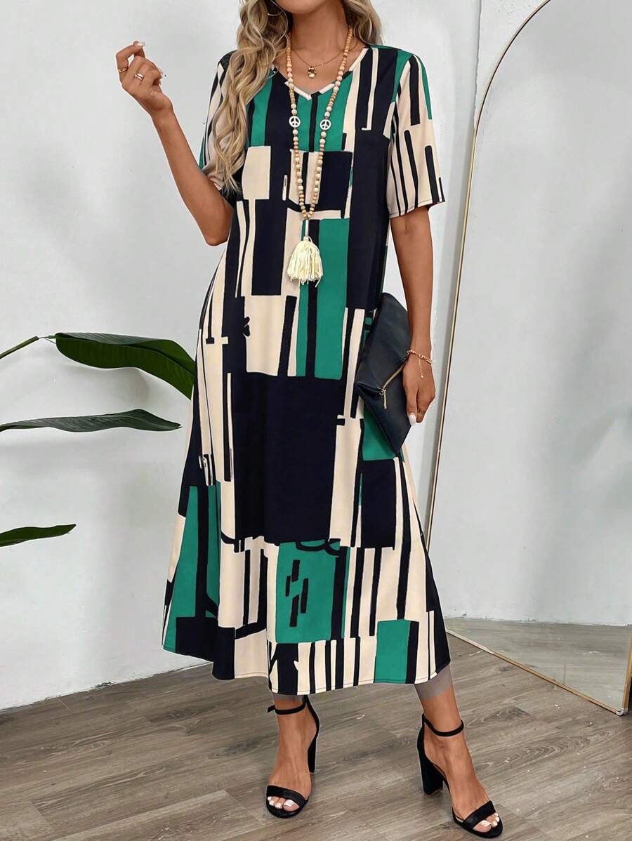 SHEIN LUNE 女士简约时尚休闲短袖连衣裙，日常穿着 - 彩色 - 查看 1