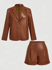 SHEIN MOD Plus Size Women's Vintage Retro Brown Casual Leather Suit Set, Autumn/Winter