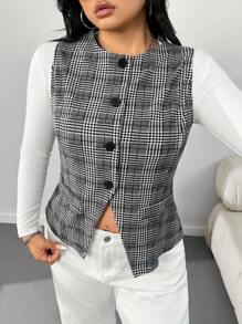 SHEIN EZwear Plus Size Women Houndstooth Pattern Single Breasted Casual Blazer Vest, Autumn