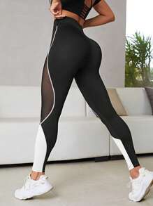 Easithlete High Waist Seamless Contrast Color Mesh Leggings Yoga Women Pants - Black and White - View 2