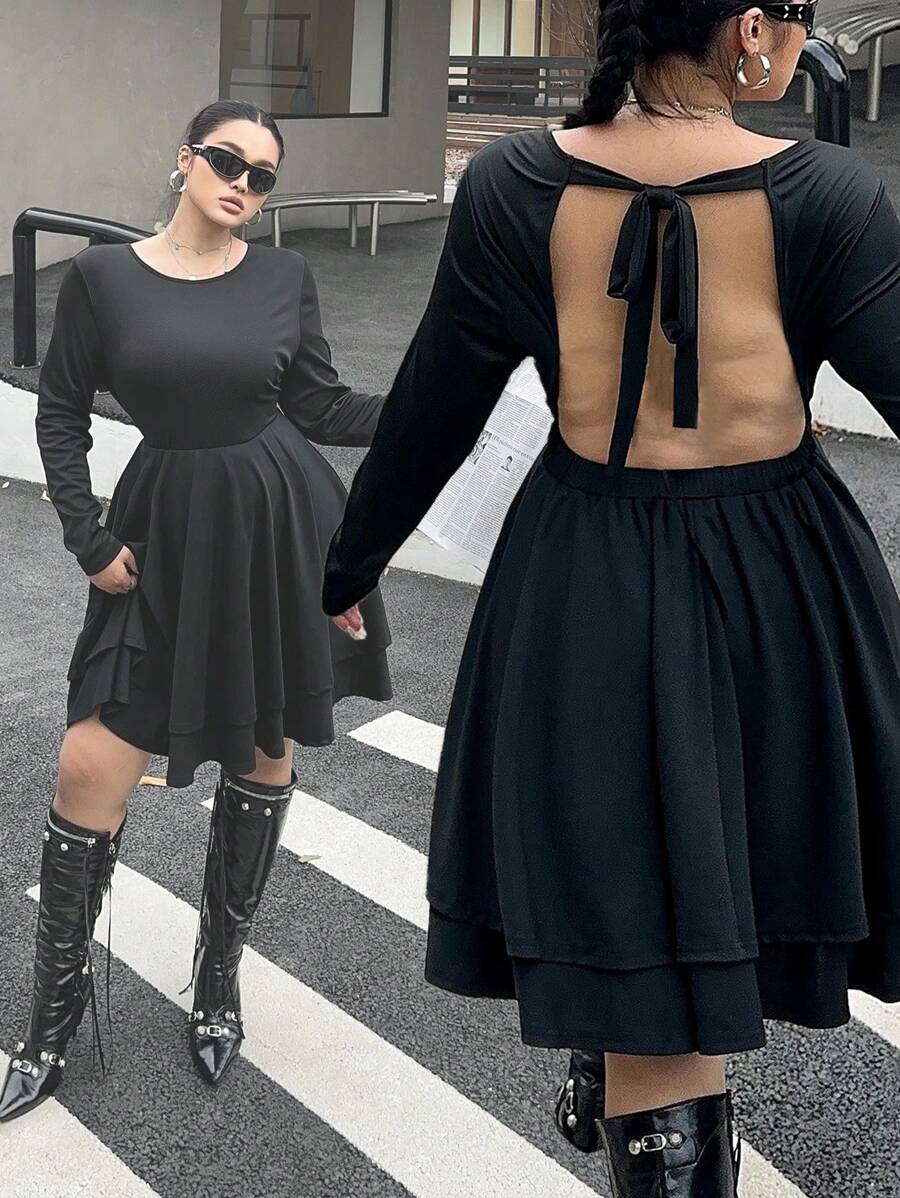 SHEIN Unity Plus Size Open Back Tie-Up Waistline Double Layer Hem Dress - Black - View 1