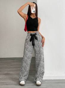 SHEIN Unity Women's Casual Leopard Print Patchwork Satin Bowknot Waist Straight Leg Pants, Suitable For Spring And Autumn Fall Cloth For Women - Black and White - View 5