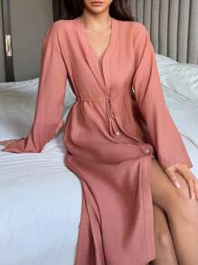 DAZY 1 pezzo Abito copri-costume da donna tinta unita casual con bottoni davanti, stile minimalista adatto per uso quotidiano, per vacanze estive in spiaggia - Rosso - Visualizzare 2