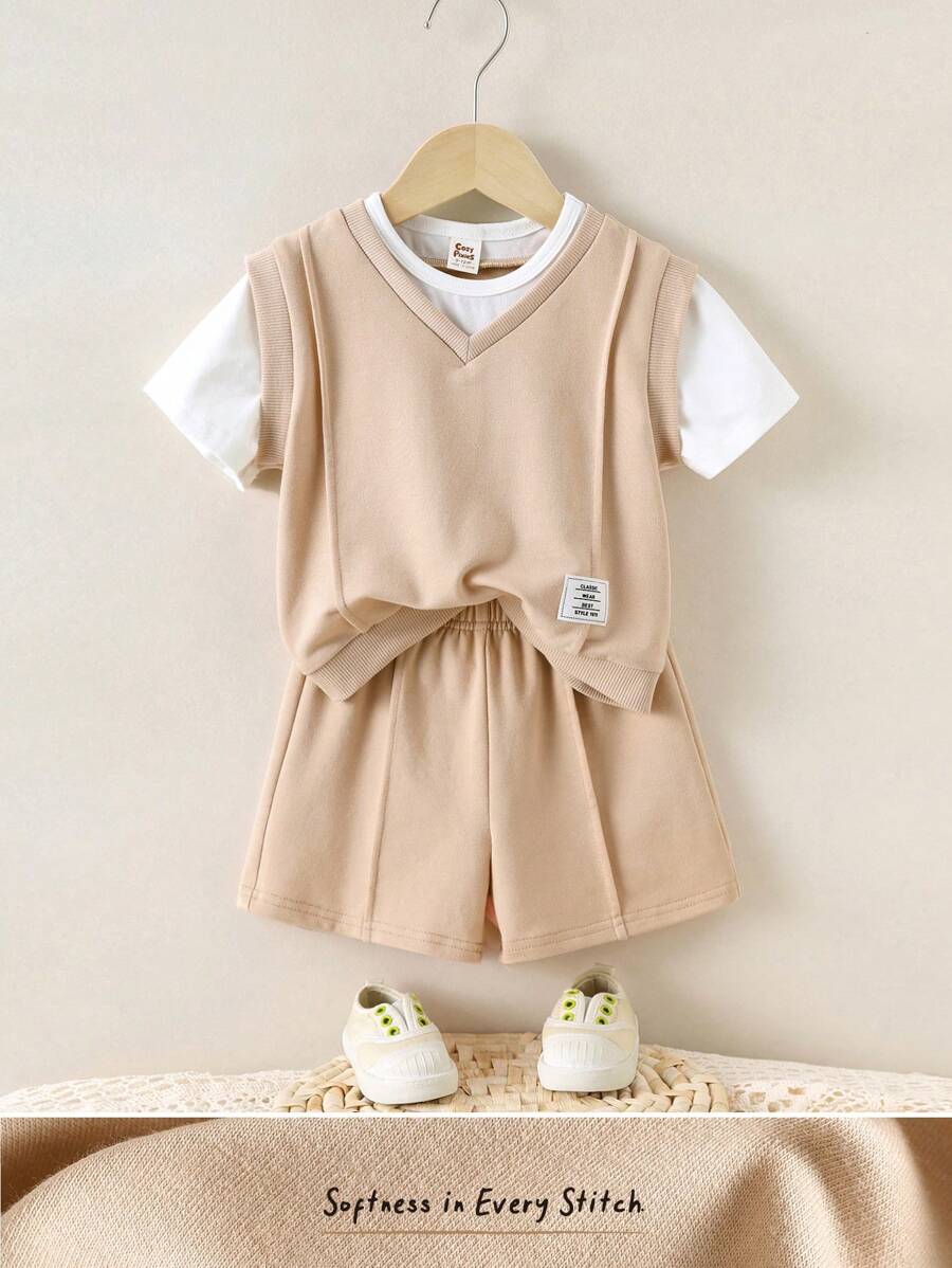 Cozy Pixies 2 件装男婴装饰徽章对比色仿品 2 件套上衣配松紧腰短裤套装 - 卡其色 - 查看 1