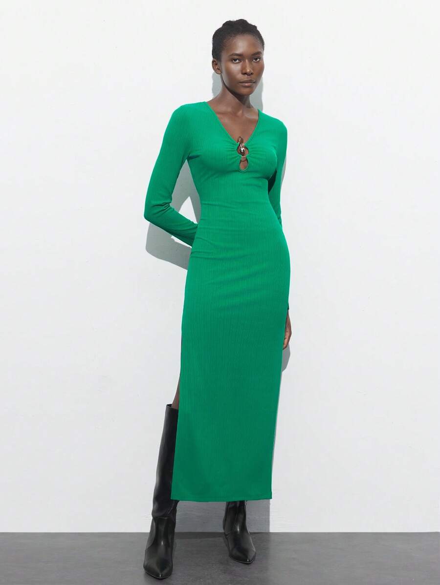 Maija Women's Green V-Neck Front Metal Decor Fitted Long Sleeve Side Split Elegant Fashionable Sexy Versatile Daily Holiday Party Dress, Early Spring Festival