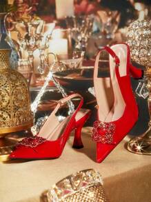 CUCCOO TILAWA Pointed Toe, Red, Glamorous Fashion Wedding Shoes With Crystal Buckle Spring Shoes Spring Break Easter Prom Heels - Red - View 1