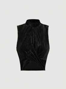 SHEIN MOD 女士天鹅绒短款立领交叉前襟背心情人节款 - 黑色 - 查看 1