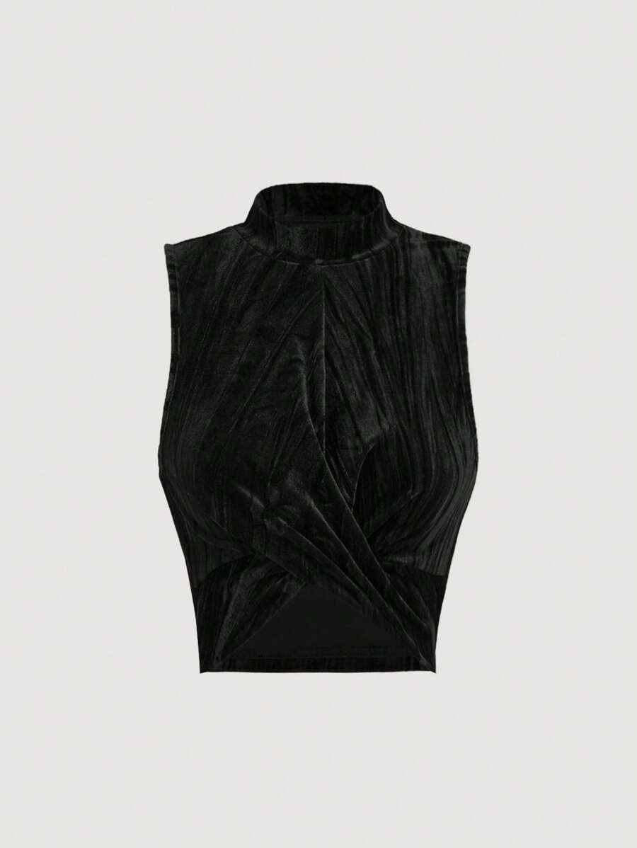 SHEIN MOD 女士天鹅绒短款立领交叉前襟背心情人节款 - 黑色 - 查看 1