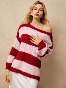 Poéselle Women's Burgundy Contrast Pink Stripe Oversize Drop Shoulder Long Sleeve Knit Sweater, Can Be Worn Off The Shoulder, Plush Knit Top, Valentine's Day Sweater, New Year's Day Sweater, Suitable For Going Out Party Women's Wear, New Year's Eve - Multicolor - View 3