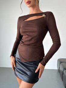 Firerie 女士优雅浪漫时尚通勤性感优雅风格连衣裙，适合派对、圣诞派对、度假、返校、浪漫约会和婚礼/生日，紧身不对称下摆棕色 T 恤 - 摩卡棕 - 查看 1