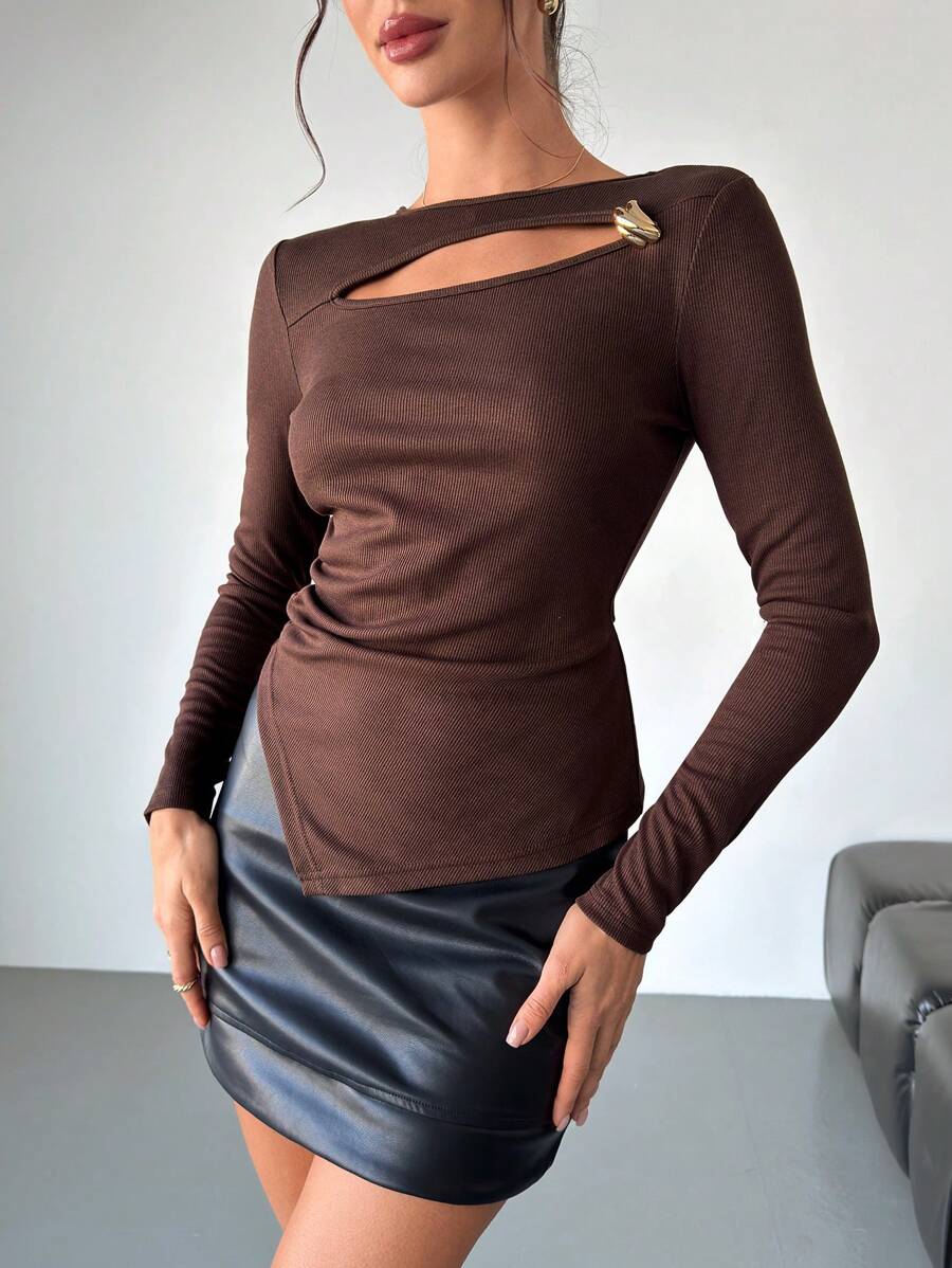 Firerie 女士优雅浪漫时尚通勤性感优雅风格连衣裙，适合派对、圣诞派对、度假、返校、浪漫约会和婚礼/生日，紧身不对称下摆棕色 T 恤 - 摩卡棕 - 查看 1