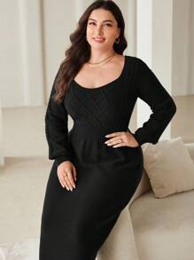 Mulvari Robe pull à manches lanterne de couleur unie, grande taille, style casual pour l'automne/l'hiver - Noir - Voir 1