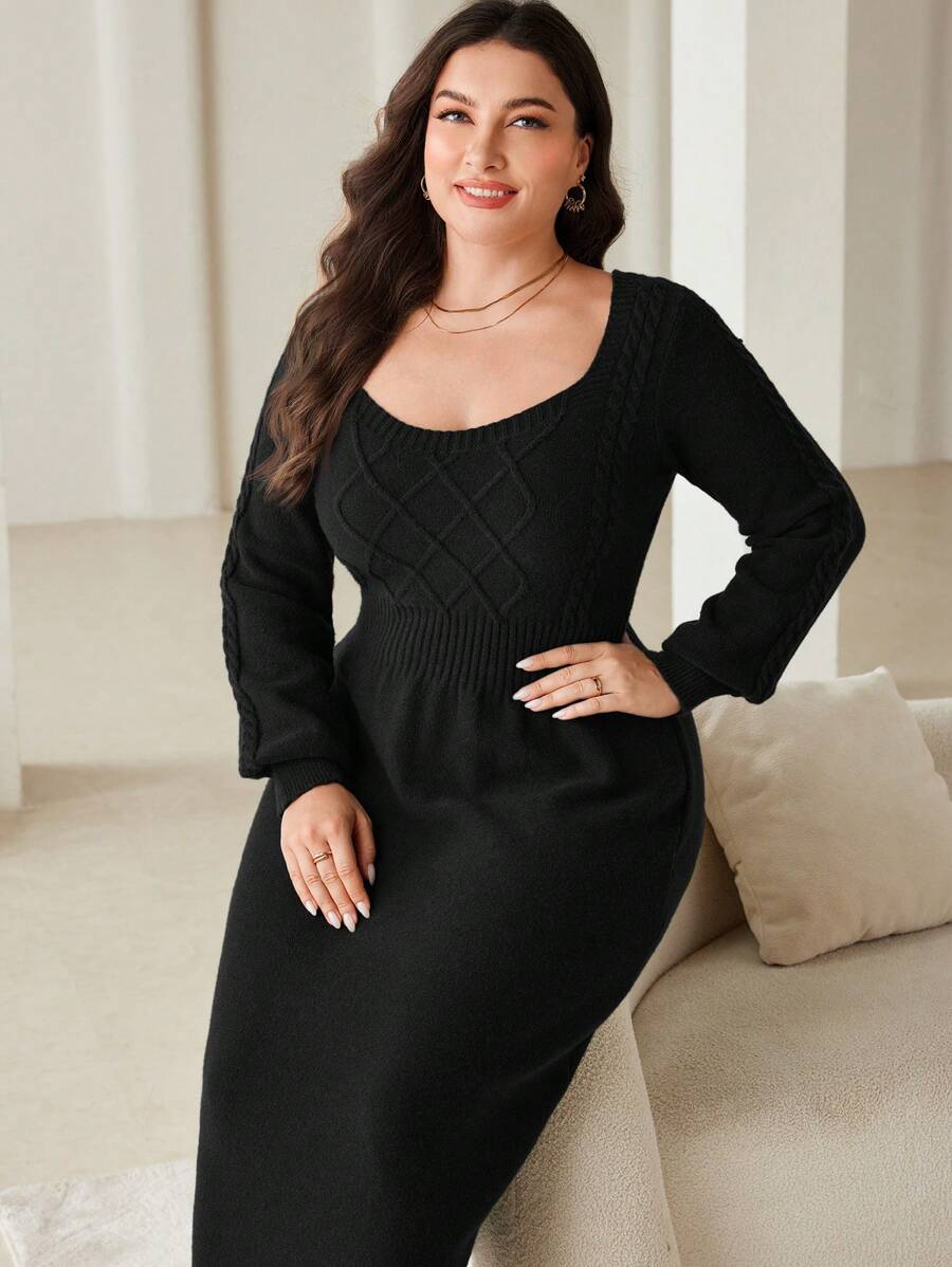 Mulvari Robe pull à manches lanterne de couleur unie, grande taille, style casual pour l'automne/l'hiver - Noir - Voir 1