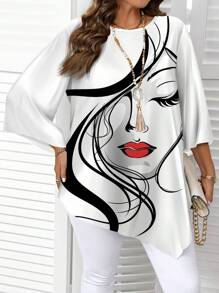 EMERY ROSE Casual Minimalist All-Over Vintage Abstract Face Print Plus Size Shirt, Suitable For Autumn/Winter Chic Blouses For Women - White - View 5