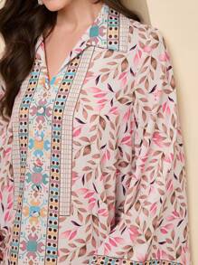 Al Najma Women's Floral Geometric Print Flared Sleeve Turkish & Arabian Traditional Dress, Modest Kaftan - Multicolor - View 4