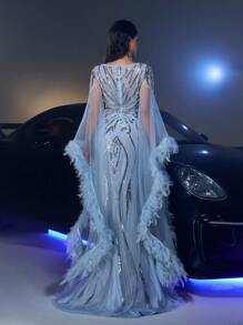 Glamrae Váy đuôi cá dài tay voan mỏng cổ chữ V màu xanh sang trọng thanh lịch, váy dự tiệc cưới, váy dự tiệc, váy dạ hội thích hợp cho đám cưới, tiệc tùng, kỳ nghỉ, dạ hội, sự kiện trang trọng, váy - Màu xanh lam - Xem 3