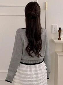 DAZY Áo len cổ vuông đính nơ tay dài phong cách Preppy Chic cho nữ, Quần áo mùa thu - Xám - Xem 7