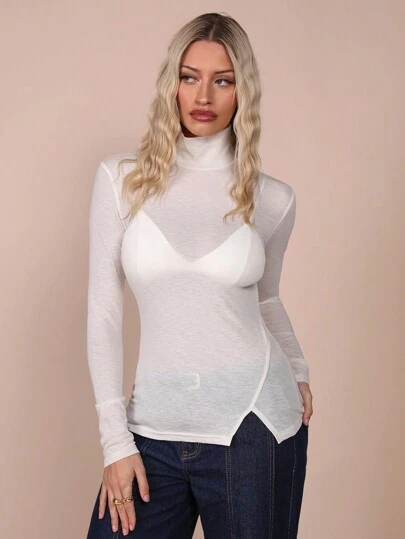 COSMINA Women's Casual Solid Color Sheer High Neck Undershirt, Autumn/Winter