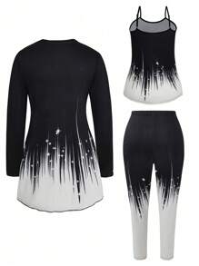 EMERY ROSE 大码星星印花吊带背心上衣 + 不对称下摆长袖夹克 + 裤子优雅 3 件套 - 彩色 - 查看 2