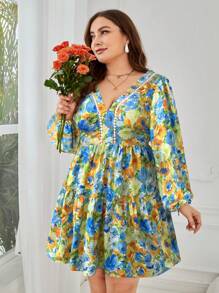 SHEIN VCAY 大码优雅花卉印花灯笼袖连衣裙