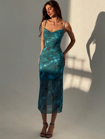 Aloruh Printed Cami Draped Neck Fitted Mermaid Hem Elegant Dress, Vacation,Sun Dress