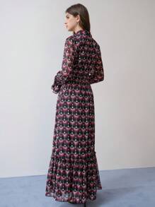 MOTF STUDIO ALLOVER PRINT RUFFLE TRIM LONG SLEEVE DRESS, MAXI DRESS, VALENTINE'S DAY - Multicolor - View 4