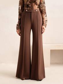 Anewsta Fashionable & Versatile Women Metal Buckle Flare Leg Pants, Business Casual Spring/Summer - Mocha Brown - View 2