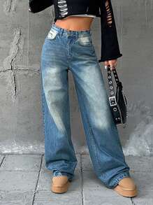 EURMUSE HIGH RISE WIDE LEG JEAN SIMPLE FASHIONABLE DAILY CASUAL - Light Wash - View 4