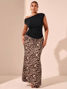 SHEIN BAE Blusa ajustada con cuello asimétrico y drapeado en negro sólido para talla grande, falda larga de línea A con acabado satinado en estampado de leopardo, sexy y elegante para una cita, té de la tarde, actividades al aire libre, adecuado para el verano y el Día de San Valentín