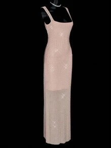 SHEIN ICON Abito lungo da donna nello stile Y2K, sexy e minimalista, in rete con strass, elegante e decorato con paillettes, abito scintillante e luccicante adatto a feste, festa, uscite serali, Capodanno, adatto per appuntamenti casual, uscite serali e abbigliamento per Capodanno. - Cachi - Visualizzare 5