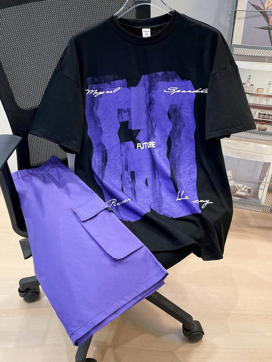SHEIN Conjunto deportivo informal para adolescentes de 2 piezas - Camiseta de manga corta + Pantalones cortos de color contrastado, estilo punk rock adecuado para eventos de primavera/verano, fiestas, festivales de música - Multicolor - Ver 1