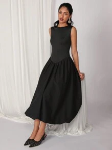 COSMINA Women's Sleeveless Solid Color Pleated Hem Casual Long Dress - Black - View 4