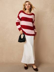 Poéselle Women's Burgundy Contrast Pink Stripe Oversize Drop Shoulder Long Sleeve Knit Sweater, Can Be Worn Off The Shoulder, Plush Knit Top, Valentine's Day Sweater, New Year's Day Sweater, Suitable For Going Out Party Women's Wear, New Year's Eve - Multicolor - View 4