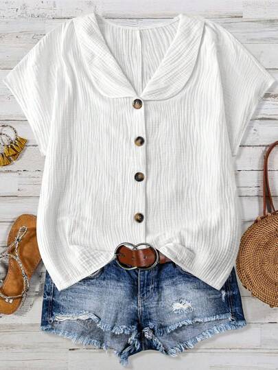 SHEIN LUNE 1pc Women Plus Size Solid Single-Breasted Casual Turndown Collar Textured Short Sleeve Shirt