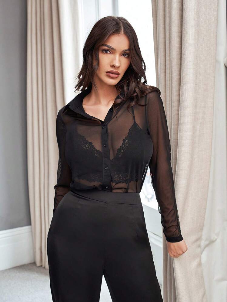 SHEIN BAE Chemisier en tulle transparente(sans soutien-gorge)