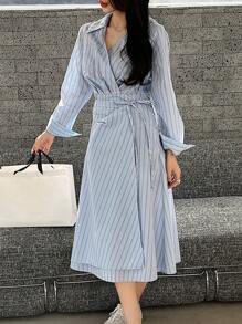 DAZY Đầm dài ngang gối kẻ sọc buộc dây dành cho nữ, thích hợp mặc công sở, trang phục nữ mùa thu, đầm dài tay, đầm maxi. - Màu xanh lam - Xem 10