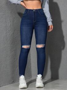 Flexra Jeans ceñidos casuales y versátiles con bolsillos y efecto desgastado para mujer - Azul lavado oscuro - Ver 4