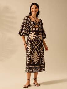 CAJUNI Đầm xanh dài vừa tay bồng, họa tiết Boho cho nữ, hoa nhiệt đới, mặt trời, họa tiết cây dừa, dây buộc rỗng, thường ngày mùa hè, váy đi biển - màu đen - Xem 4
