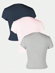 INAWLY Women Plain Round Neck Short Sleeve Casual T-Shirt - Multicolor - View 2