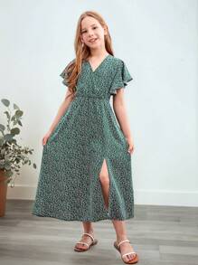 SHEIN Cô gái Tween In tất cả các cây áo tay bướm Tách đùi Đầm - Nhiều màu - Xem 3