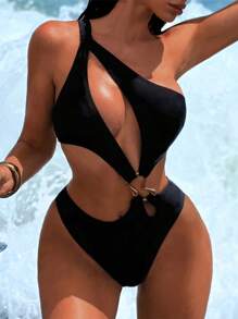 1pc Women's Sexy One-Piece Swimsuit With Asymmetric Shoulder, Hollow Metal Decor, Summer