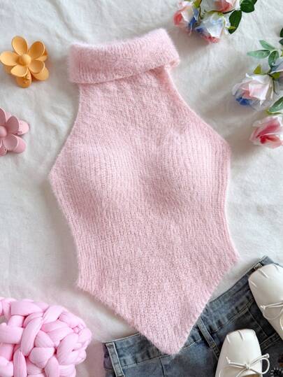 Soleia Casual High Neck Sleeveless Asymmetrical Hem Slim Fit Knitted Vest,Halter Tops