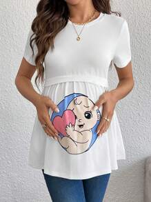 SHEIN Camiseta de maternidad de punto con estampado lindo, casual y de moda para uso diario - Blanco - Ver 2