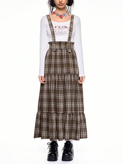 ROMWE Avant Women's Avant-Garde Plaid Skirt With Detachable Suspenders, Academic Style