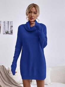 SHEIN LUNE Casual Solid Color Crew Neck Loose Mini Sweater Dress, Autumn/Winter - Royal Blue - View 4