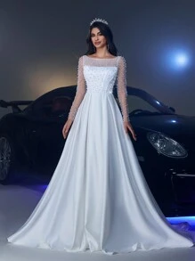 Glamrae 优雅奢华透视长袖仿珍珠装饰缎面褶饰荷叶边连衣裙，带拖尾，适合婚礼、单身派对、节日、舞会、新娘 - 米色 - 查看 1