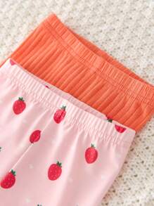 Baby Girl 4pcs/Set Cute Strawberry Pattern Ruffle Trim Crew Neck Long Sleeve Top And Pants Soft Breathable Home & Sleep Set - Pink - View 3