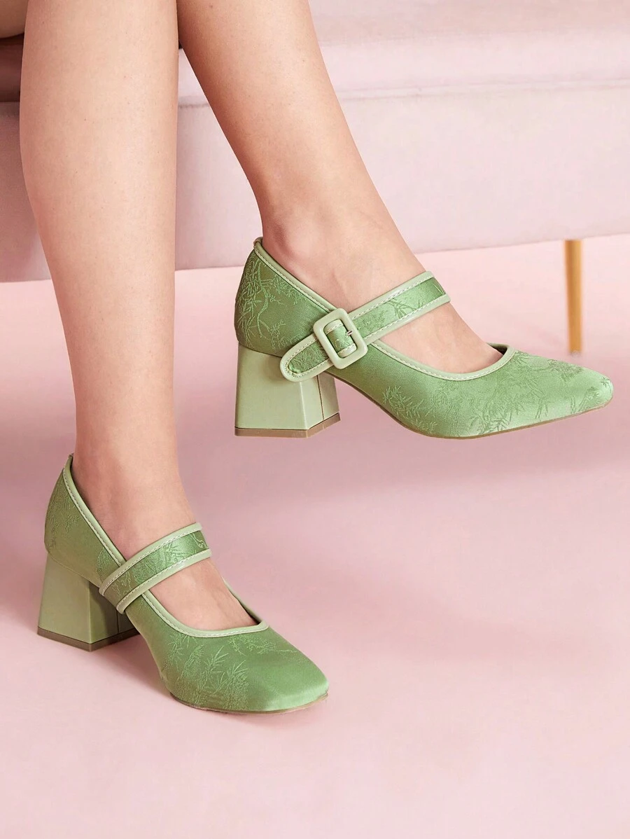 CUCCOO DOLLMOD Square Toe Green Sweet Square Heel High Heels For Women