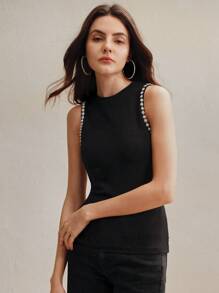 Anewsta Women's Modern Stylish Round Neck Fitted Rhinestone Tank Top, Suitable For Summer And Valentine's Day - Black - View 4