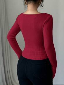 Elenzga Autumn/Winter Color Block Square Neck Long Sleeve Asymmetrical Hem Slim Fit Fleece T-Shirt - Burgundy - View 2